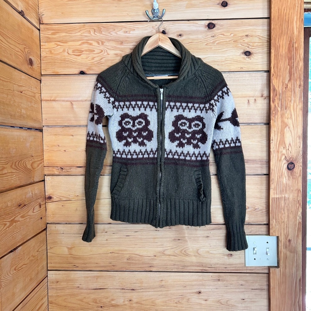 Lambswool Owl Fair Isle Sweater Women Small Green Shawl Collar Zip Lost & Found